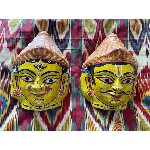 Pair Vintage Yellow Paper Mache Masks India Handmade Handcrafted 9"T x 7"W - Picture 1 of 7